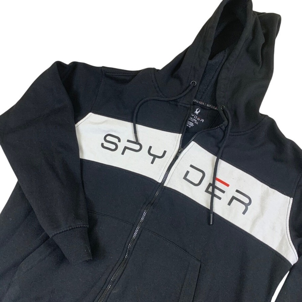 Spyder Mens Full Zip Hoodie Black White Colorblock Logo Fleece Sweatshirt Large